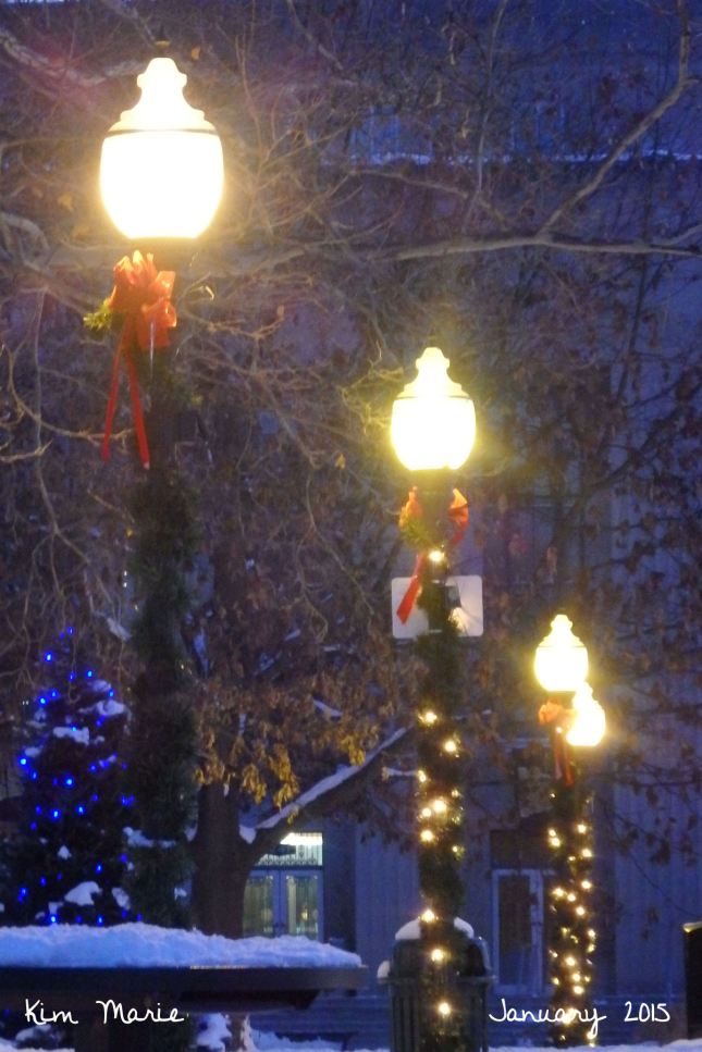Three lamp poles decorated for Christmas in Bronson Park.