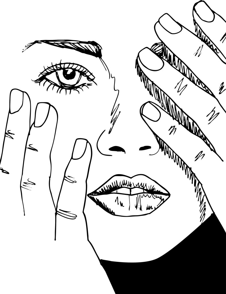 Woman with hands on her head like it hurts. Black and white drawing.